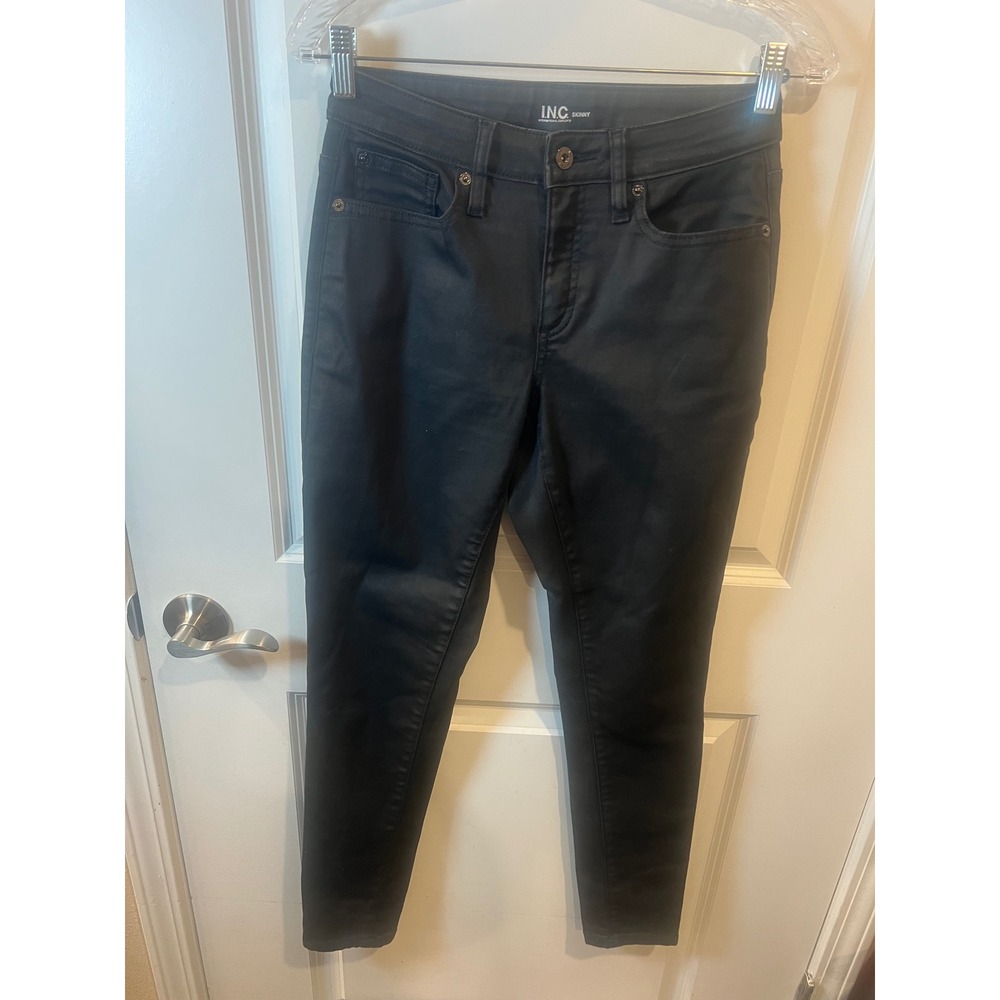 INC Women Skinny Pants Coated Denim Black 4